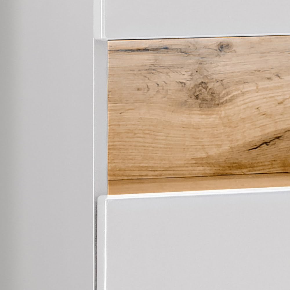 Lomadox Badezimmermöbel Badmöbel Set, 80cm Unterschrank mit Keramik Waschbecken, Hochglanz weiß mit Wotaneiche, 2 Hochschränke und LED-Spiegelschrank