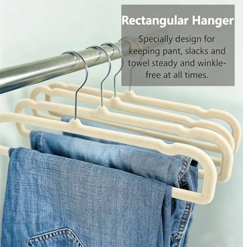 Image of 20 Pack Velvet Pants Hangers for Closet Space Saving, Thin Hanger (Beige) | 35cm(L) Heavy Duty Flocked Trouser Hangers, Durable, Clothes Hanger with Silver Swivel Hook, Jean Hangers for Women and Men