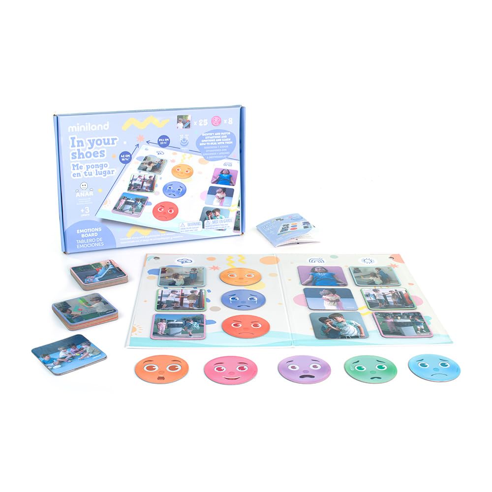 Miniland - In Your Shoes | Anti-Bullying Board Game for Kids 3+, Emotions Board, Cards, Faces and Educational Guide