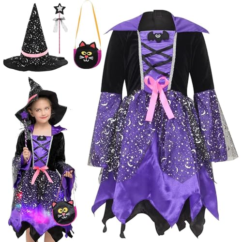 Photo de Generico Costume de sorcière illuminé pour filles, Halloween, cosplay, fête, déguisement avec chapeau, bâton de fée et sac fourre-tout (violet, 7-9 ans)