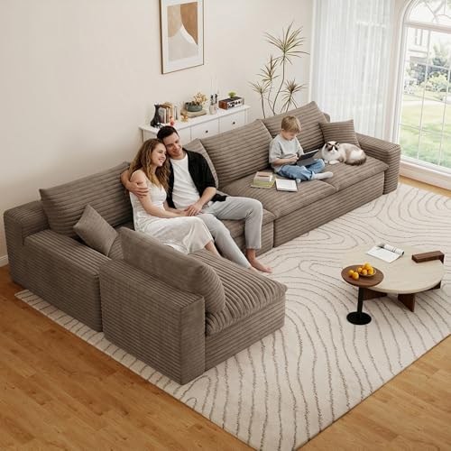 Image of 136 inch Cloud Couch Modular Sectional Sofa for Living Room, L-Shape Boneless Couch with Deep Seat, Modern Corduroy 5-Seater, No Assembly Required,Camel