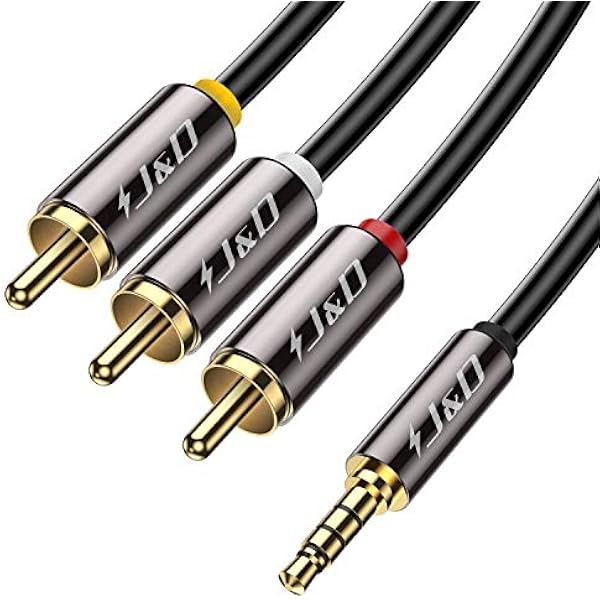 J&D Kabel 3,5 mm do 3RCA, pozłacana miedziana powłoka wytrzymała 3,5 mm 1/8 cala męska wtyczka TRRS do 3 RCA kabel stereo audio wideo AUX, 6 stóp