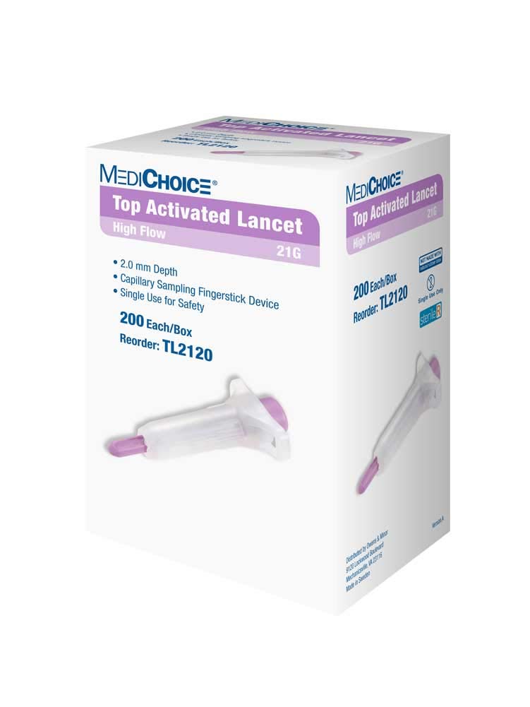 MediChoice Disposable Safety Lancet, Pressure Activated, Single Use, 21 Gauge, 2 mm Depth, Purple, 1314TL2120 (Case of 4000)