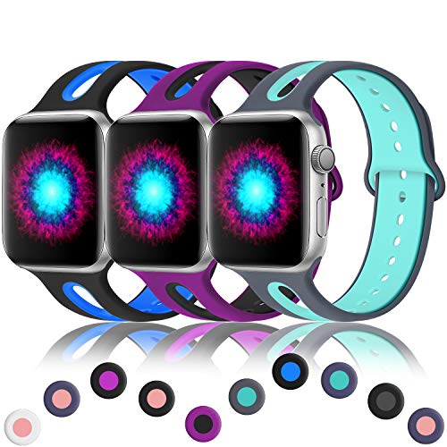 Haveda Sport Compatible for Apple Watch 44mm Band Series 5 Series 4, Women Apple 5 Wrist iWatch 42mm Bands for Apple Watch Series 3 Series 2, 3Pack 44mm/42mm S/M Black/Blue, Fushcia/Black, Grey/Teal