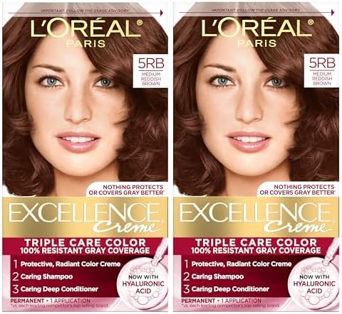 Excellence Crème Permanent Hair Dye, Triple Care Hair Color with Hyaluronic Acid for 100% Gray Coverage, 5RB Medium Reddish Brown, 1 Kit (Pack of 2) (Packaging May Vary)