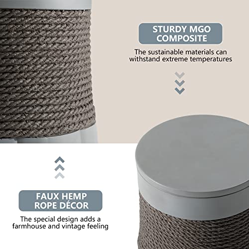 COSIEST Outdoor Side Table, Round Shaped MgO Patio End Table, Lightweight Concrete Accent Side Table w Hemp Rope Decor, Vintage Plant Stand for Garden and Patio, Grey