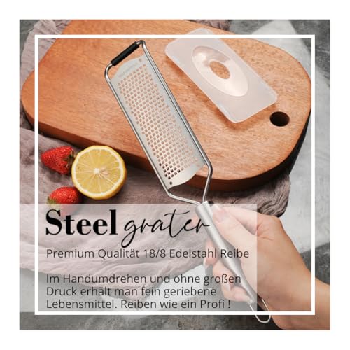 Foto von STEELGRATER -Käsereibe,Parmesanreibe,Zitronenreibe mit großer und scharfer Reibeoberfläche aus Premium 100% Edelstahl Stainless Steel rutschfest Robust und Spülmaschinengeeignet