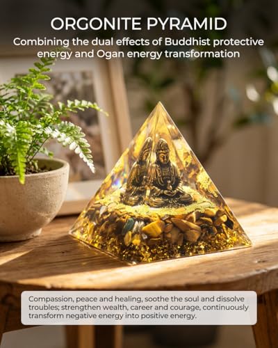 Image of Orgone Pyramid with Healing Crystals - (Buddha, Golden) - Energy Generator for Positive Vibe, Stress Relief & Chakra Reiki Meditation - Pyramid Decor - Spiritual Gift for Success, Wealth & Prosperity