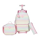 kingdisen Wheels Rollrucksack für Grundgepäck, Schultrolley mit Lunchbox, 3-teiliges Set (PU, Rosa)
