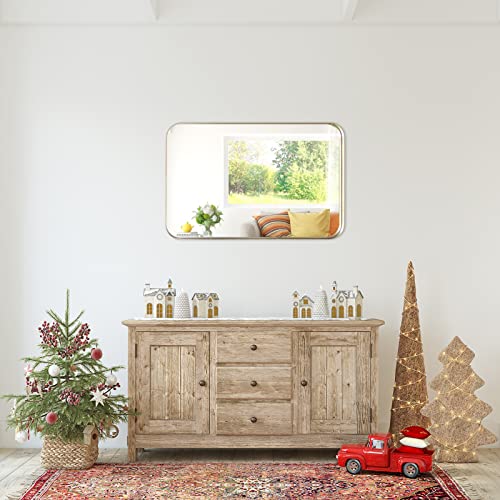 Zenida Bathroom Mirrors For Wall, 30" X 20" Large Rounded Rectangle Bathroom Mirror, Gold Matte Metal Framed Wall Mirror, Horizontal Or Vertical Hanging Mirror For Bathroom, Living Room, Entryway #TOP2