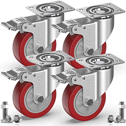 GBL Heavy Duty Castor Wheels with 4 Brakes + Screws - 100mm up to 600KG - Pack of 4 No Floor Marks Silent Caster for Furniture - Swivel Rubbered Trolley Wheels - Silver
