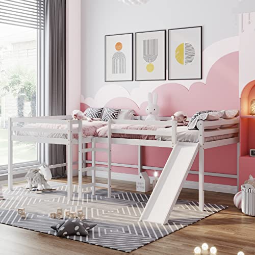 Full Loft Bed with Slide , L-Shaped Loft Bed Full Size for Kids, Wood Full Loft Bed Corner Bed Frame, Slide Loft Bed with Ladders (Full,White)