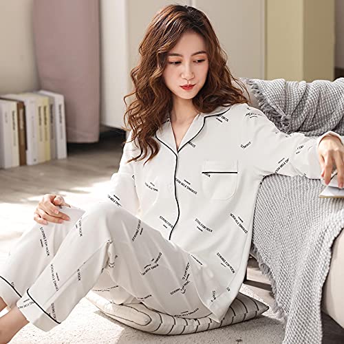 GLJTUO Un Pyjama Confortable Pyjamas Femmes Femmes Pyjamas en Pur Coton Femme Maison Pijama,White-XL