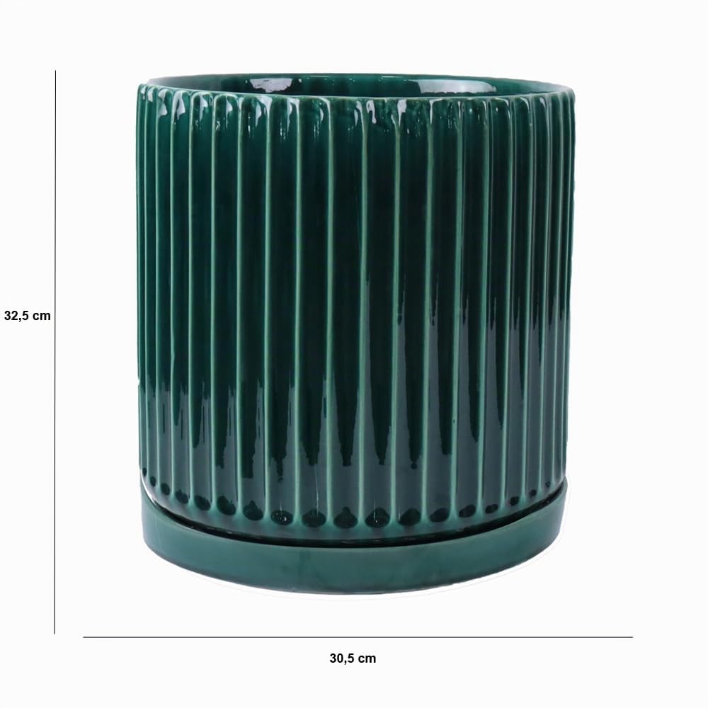 Vaso Cilindrico Decorativo In Ceramica Verde Smaltata Varie Misure, Cachepot Da Interno Esterno Per Piante, Salotto, Terrazzo, Design Moderno, Ideale Per Arredo Casa, Ufficio, Ingresso (30,5x32,5 cm)