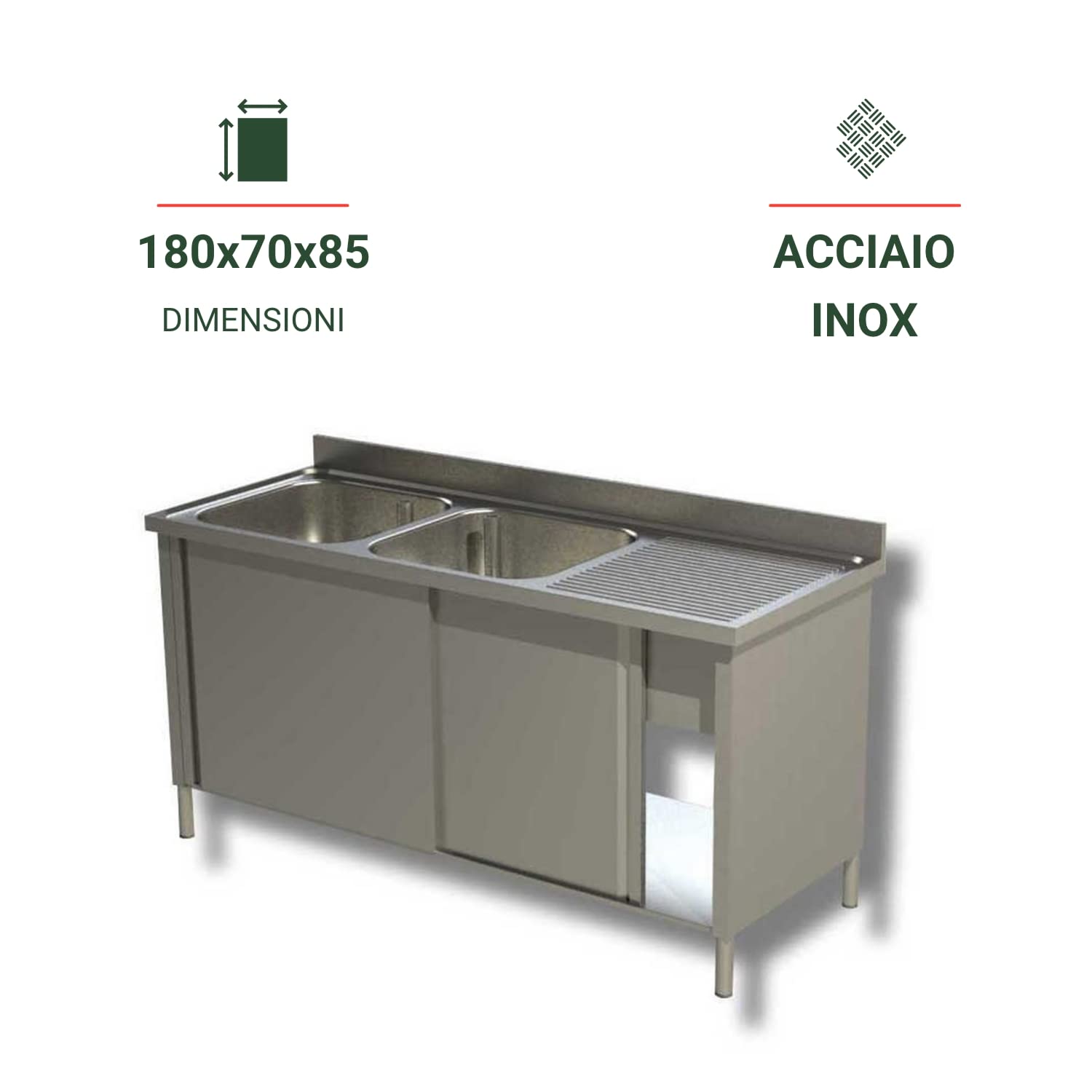 Ristoattrezzature Lavello Armadiato in Acciaio Inox - Professionale, per Cucine Ristoranti e Pizzerie - 2 Vasche, Gocciolatoio a Dx e 2 Porte Scorrevoli - 180x70x85h cm