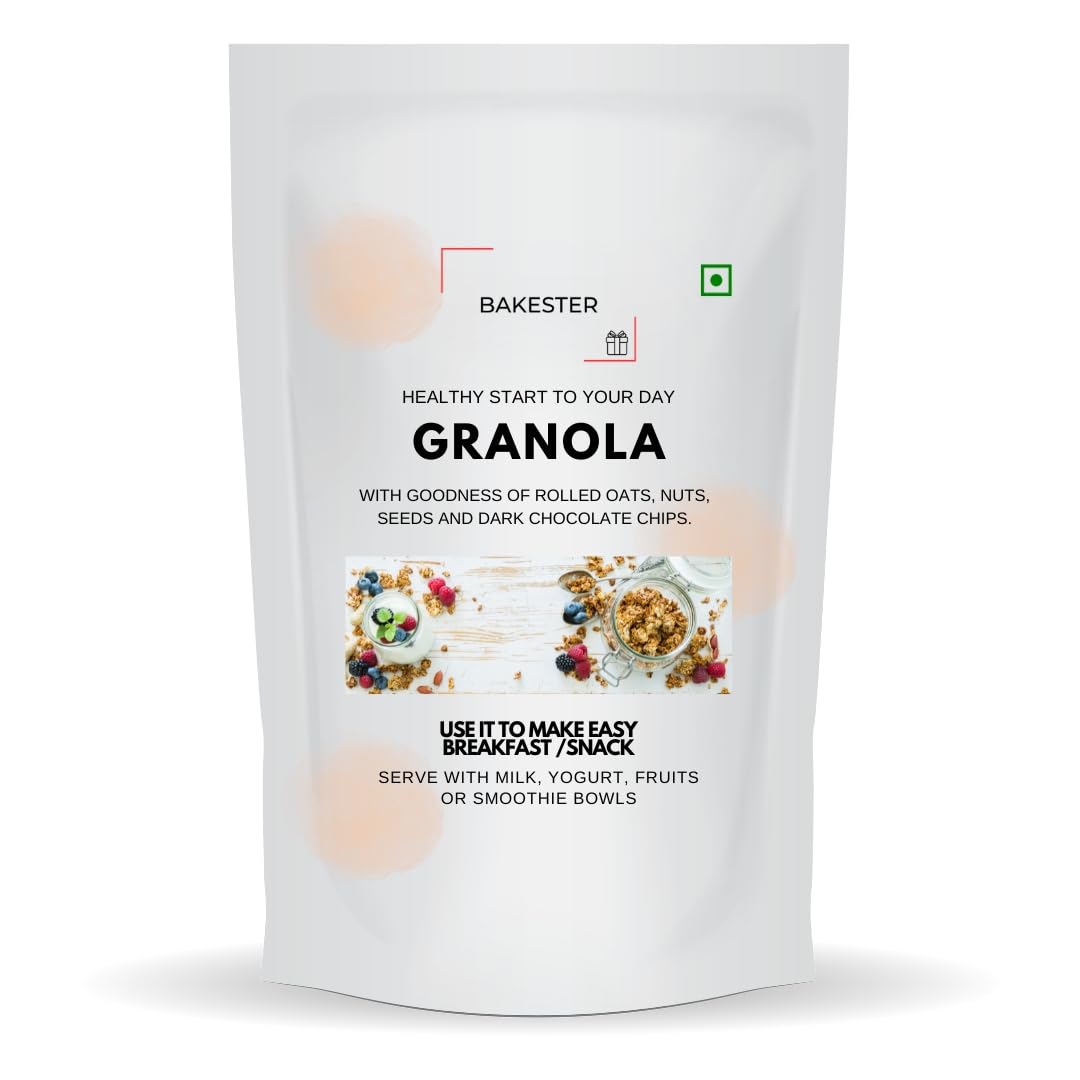 BAKESTER - Granola with Goodness of Baked Rolled Oats, Almonds, Cashews, Sunflower, Seeds, Pumpkin Seeds, Chia Seeds and Dark Chocolate Chips. Use as Breakfast Cereal, Top it in Yogurts, Curds, Milk, Ice Creams or Smoothie Bowls or Just as a snack. 4 (B0CP5Z3GDF) Amazon Price History, Amazon Price Tracker