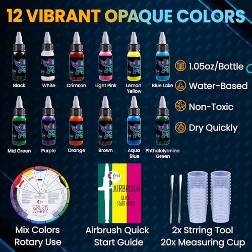 OPHIR Air Brush Kit with Air Compressor, 1/6 HP Airbrush Kit, Double Outlet Airbrush Compressor with 1L Air Tank, 2x Airbrush, 12 Colors Airbrush Paint, 5x Cleaning Brushes, 20x Measuring Cup - Image 6