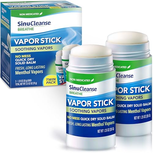 SinuCleanse Vapor Stick 1.25 Oz Solid Balm Non-Medicated Soothing Vapors No Mess Quick Dry Moisturizing Formula Made in USA Pack of 2