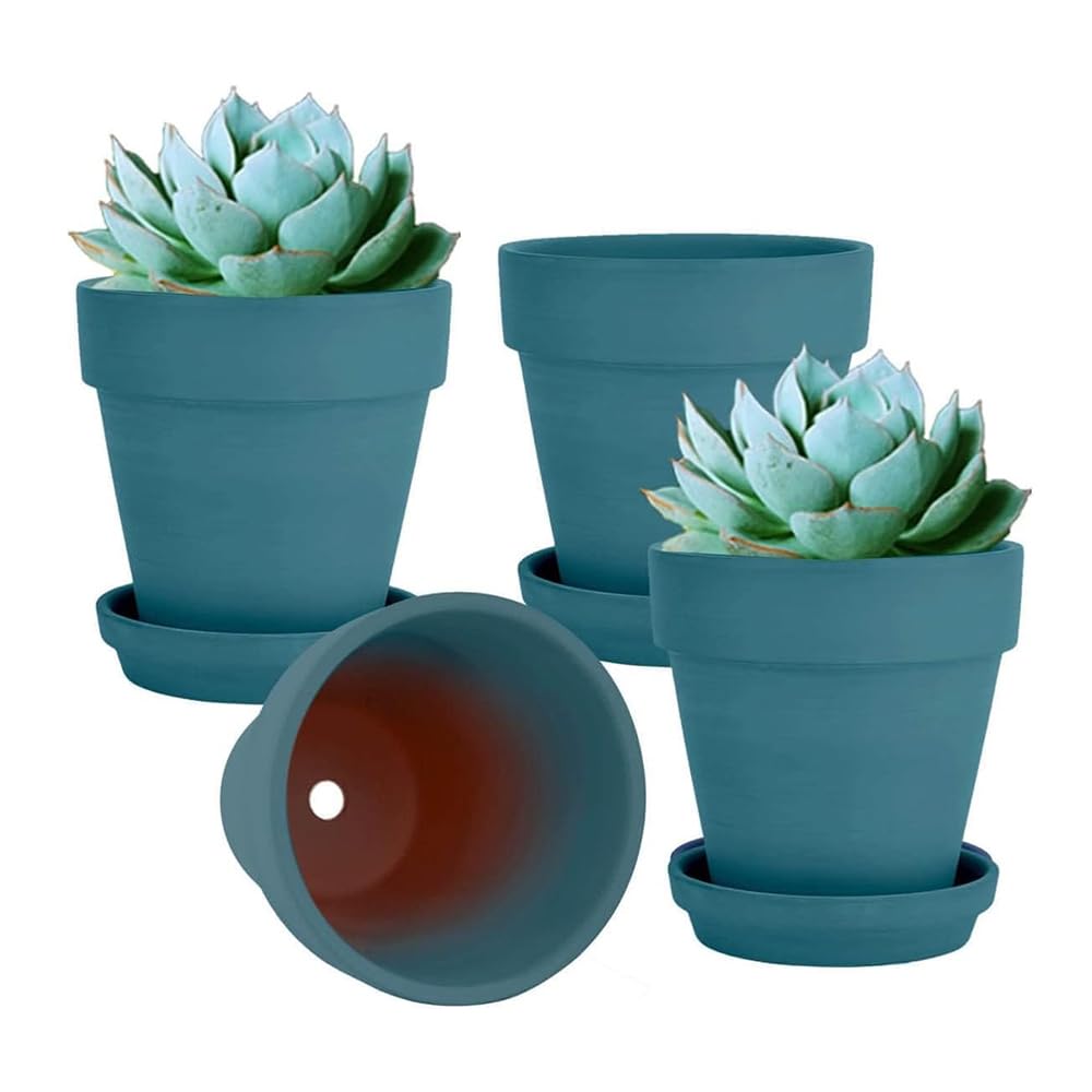 vensovo 6 Inch Green Terracotta & Clay Pots for Plant with Saucer - 4 Pack Medium Terra Cotta Planter with Drainage Hole, Flowerpot for Indoor Outdoor Plants, Crafts, Wedding Favor