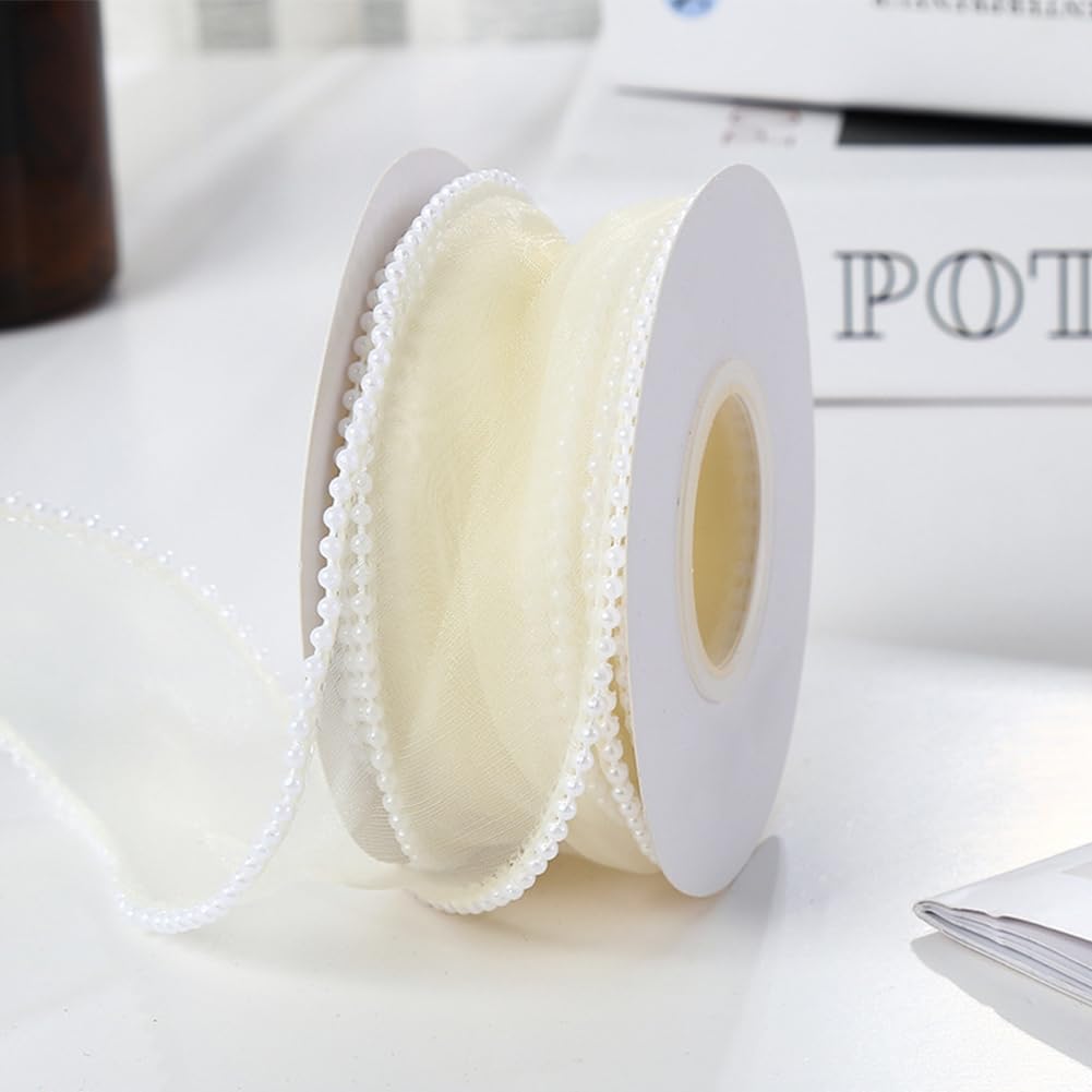 CABODYALS 4.57M 40mm Yellow Sheer Organza Ribbon Faux Pearl Edged Lace Trim Smooth Transparent Mesh Fishtail Yarn Shimmer Ribbons with Spool for Sewing Making Crafts Party Wedding Invitations Decor - Image 4