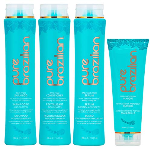 PURE BRAZILIAN - 4 Piece Essential Home Care Kit: Anti-Frizz Shampoo, Conditioner, Serum & Masque