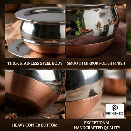 Image of Copper Bottom Stainless Steel Handi Set of 5 - Multipurpose Kitchen Cookware for Cooking & Serving - Energy Efficient, Friendly Cookware | 0.5L - 2L Capacity (Handi Set of 5)