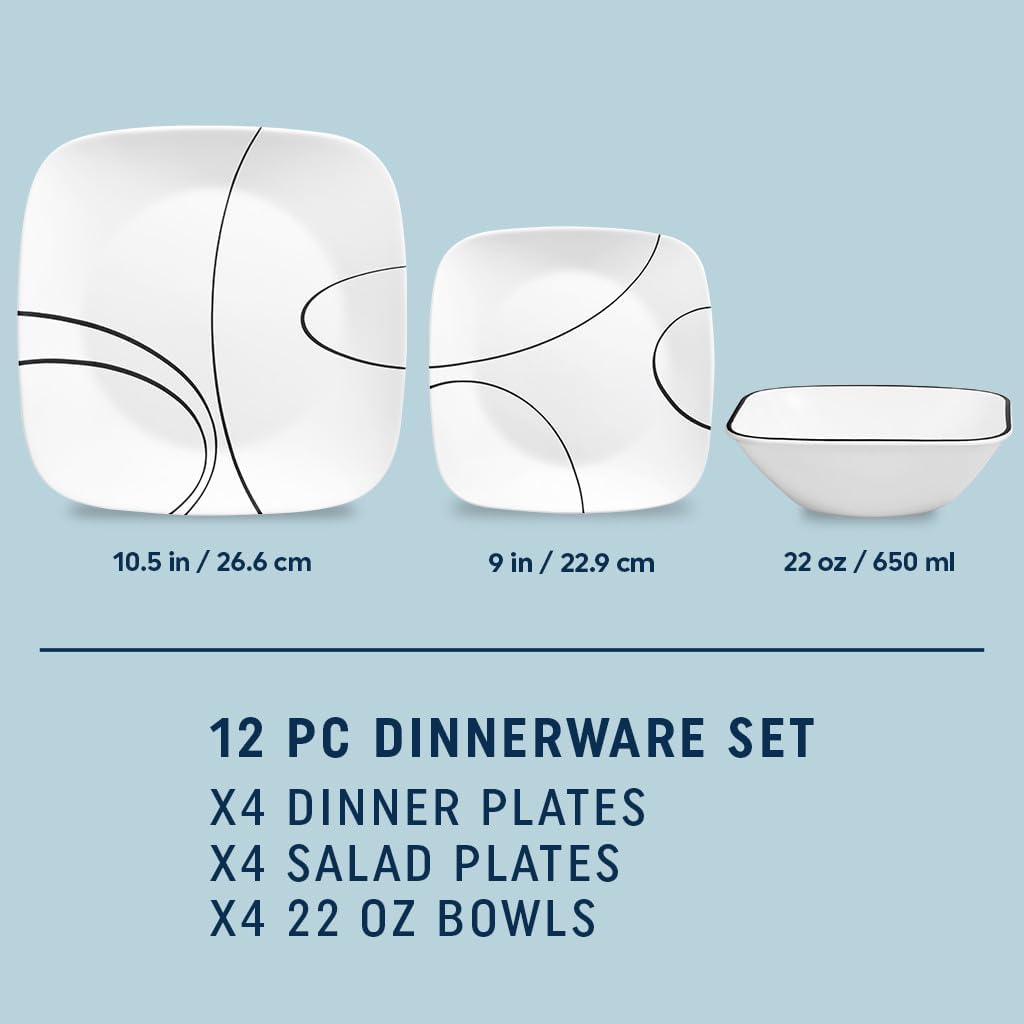 Corelle 18-Piece Service for 6 Dinnerware Set Triple Layer Glass and Chip Resistant, Lightweight Square Plates and Bowls Set, Simple Lines