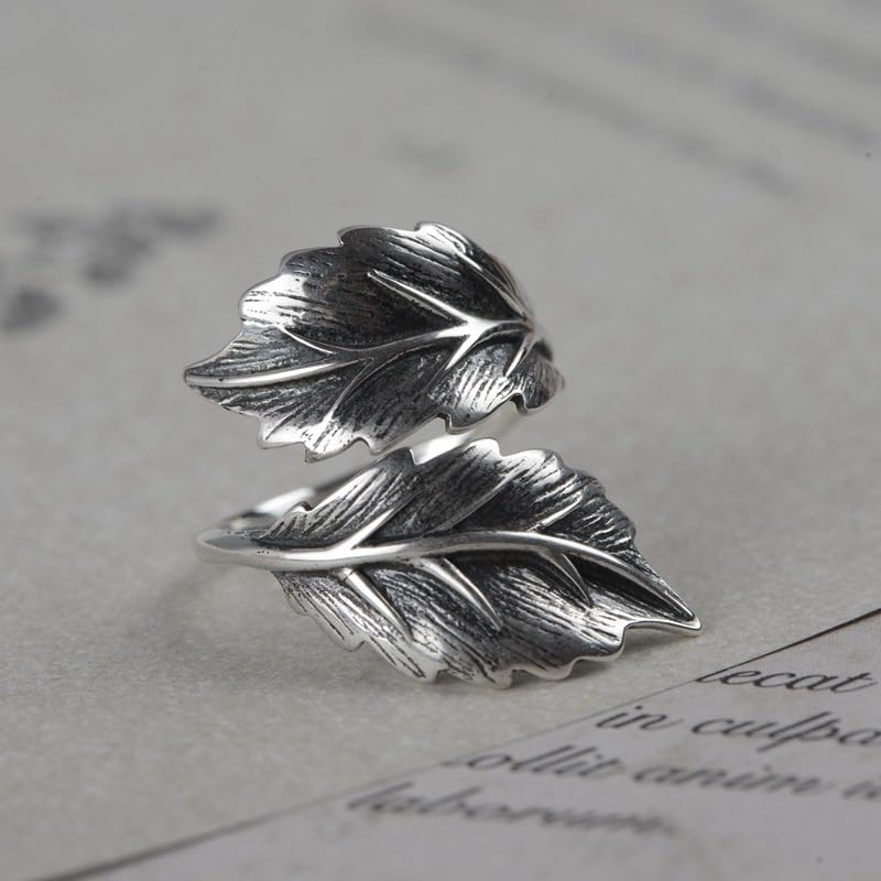 925 Sterling Silver Retro Domineering Vintage Craftsmanship Leaf Index Finger Ring Simple and Atmospheric Opening Adjustable Leaf Ring Jewelry-Making-Patterns