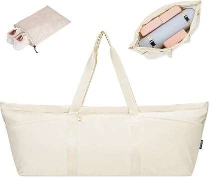 sportsnew Yoga Bag Large with Shoes Compartment and Wet Pocket, Tote Gym Bag for Women Men, Pilates Mat Carrier with Adjustable Strap, Beige