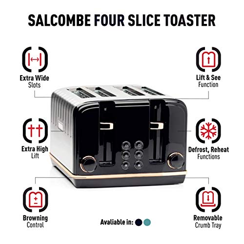 Haden Salcombe Black Toaster 4 Slice - Dual Browning Control, Retro Design, Wide Slot Toaster - Stainless Steel Housing - Self Centring Function - Easy To Clean Black Toaster - 2300W