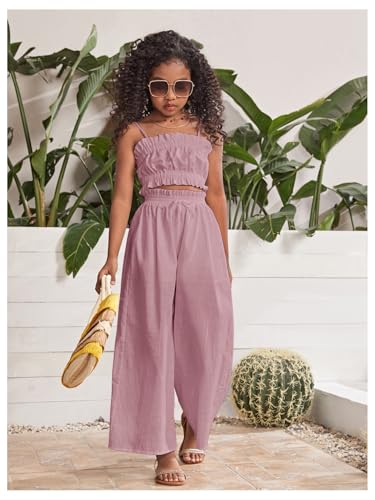 Image of Floerns Girl's 2 Piece Set Ruffle Trim Cami Tops with Paperbag Waist Wide Leg Pants