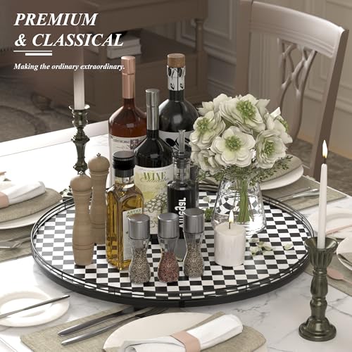 Image of 24 inch Black and White Kitchen Lazy Susan Turntable, Round Checkered Decorative Tray, Large Lazy Susan for Dining Table Centerpiece, Pantry, Kitchen, Bathroom, Countertop, Cupboard, Home Decor