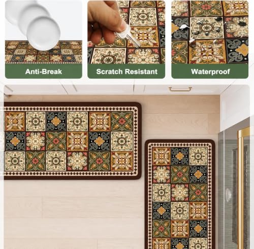 Image of Kitchen Runner Mat Set of 2, PVC Vintage Tile Design