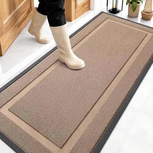 Image of OLANLY Front Door Mat Indoor Outdoor Entrance, Waterproof All-Season, All-Weather Doormat, Sturdy Natural Rubber, Low Profile, Easy Clean Patio Porch Entryway Mat, 59x23, Mocha