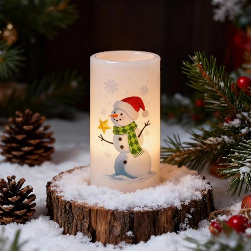 Image of Eldnacele Christmas Snowman Flameless Candles Battery Operated with Remote and Timer Real Wax Flickering LED Pillar Candles Xmas Holiday Indoor Decor(2 Pack, 3 inch D x 6 inch H)