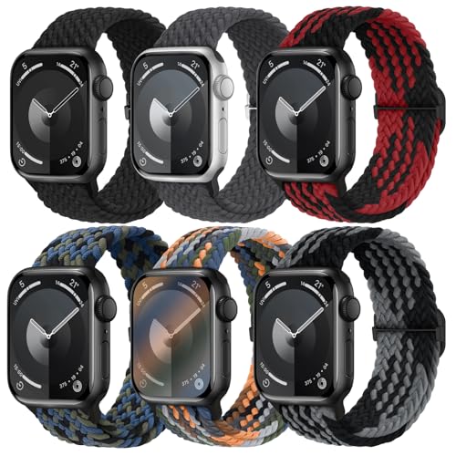 Image of 6 Pack Braided Stretchy Bands Compatible with Apple Watch Band 38mm 40mm 41mm 42mm 44mm 45mm 46mm 49mm Women Men, Adjustable Nylon Solo Loop Elastic Straps for iWatch Series 11 10 9 8 7 6 5 4 SE Ultra