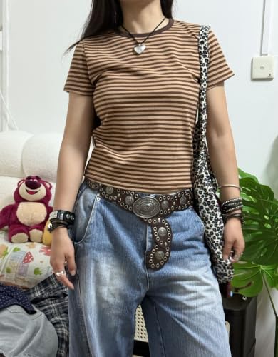 Image of Cute Striped Graphic Tees for Women Y2k Short Sleeve Preppy Teen Crop Tops