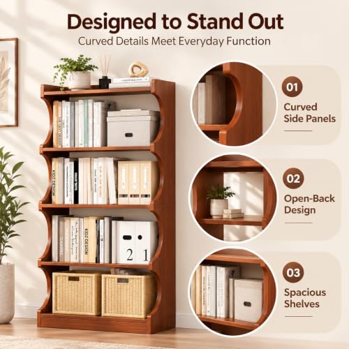 Arched Bookshelf 4-Tier, Walnut Bookcase Open Display Shelf for Living Room - Image 4