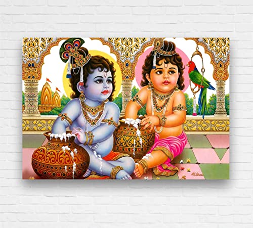 Image of Krishna Balram Makhan Chor (Canvas Print Poster 18 X 12 Inches, Multicolored)