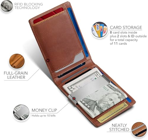 Image of Contacts Credit Card Wallet - RFID Blocking, Minimalist Mini Bifold for Men | Holds up to 11 Cards Including 1 ID Window and 1 Bill Compartment (Tan)