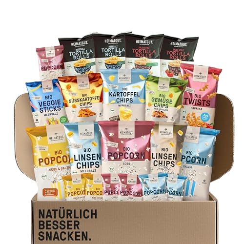 HEIMATGUT Glutenfrei Probierbox Snackbox mit glutenfreien Bio Snacks Chips Linsenchips & Knabbersnacks Probierpaket zum Teilen & Entdecken