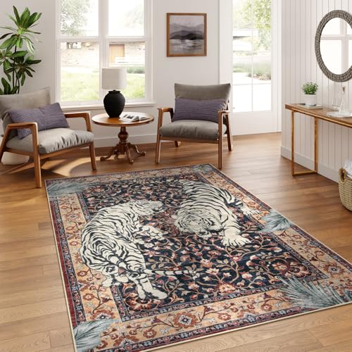 Moynesa Tiger Washable Area Rugs for Living Room, 5x7 Vintage Soft Rug for Bedroom, Non Slip Boho Ultra Thin Large Stain Resistant Throw Rug for Dining Guest Room, Puce Red