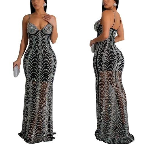 Image of PORRCEY Women's Sexy Rhinestone Lace Sheer Mesh Formal Evening Dress