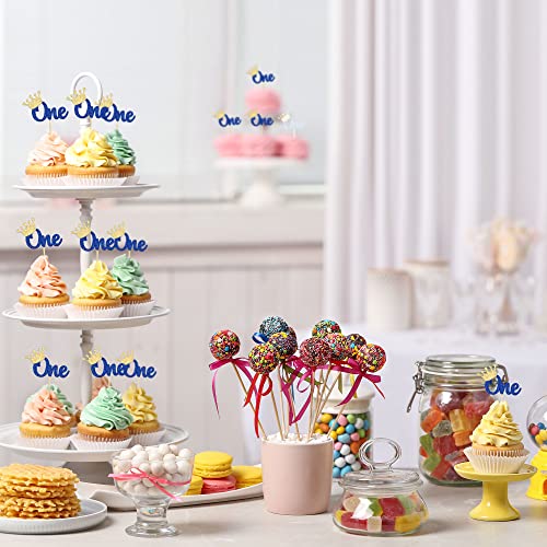 Gyufise 24Pcs First Birthday Cupcake Toppers Glitter Crown One Cupcake Picks Baby Shower 1st Birthday Cake Decorations Party Supplies Blue