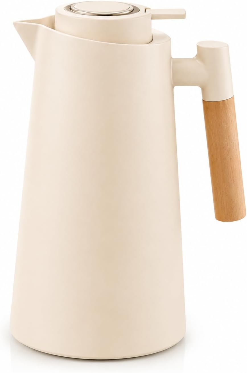 Garrafa Térmica Café 1L Nórdica Cabo de Madeira Tampa Pressão para Café Chá Bebidas Quentes Design Elegante Mesa Posta Cozinha Casa Moderna Premium Creme
