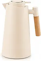 Garrafa Térmica Café 1L Nórdica Cabo de Madeira Tampa Pressão para Café Chá Bebidas Quentes Design Elegante Mesa Posta Cozinha Casa Moderna Premium Creme