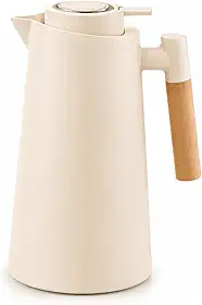 Garrafa Térmica Café 1L Nórdica Cabo de Madeira Tampa Pressão para Café Chá Bebidas Quentes Design Elegante Mesa Posta Cozinha Casa Moderna Premium Creme