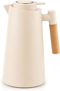 Garrafa Térmica Café 1L Nórdica Cabo de Madeira Tampa Pressão para Café Chá Bebidas Quentes Design Elegante Mesa Posta Cozinha Casa Moderna Premium Creme