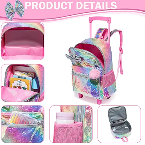 Bowknot Rolling Backpack For Girls Roller Backpacks With Wheels Kids Wheeled Sequin Suitcase Trolley Trip Luggage For Elementary Kindergarten Student With Lunch Box Pencil Case For Kids 5-12 Years Old #TOP3
