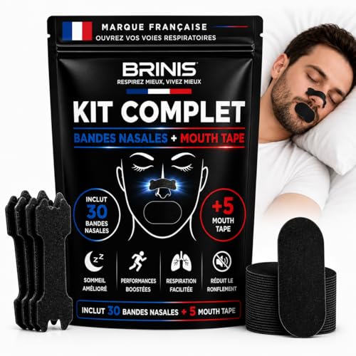 BRINIS Kit Complet Bande Nasale + Mouth Tape – Écarteur Nasal Anti Ronflement – bandelettes nasales pour Mieux Respirer, Dormir et Sport – 30 dilatateur nasal + 5...